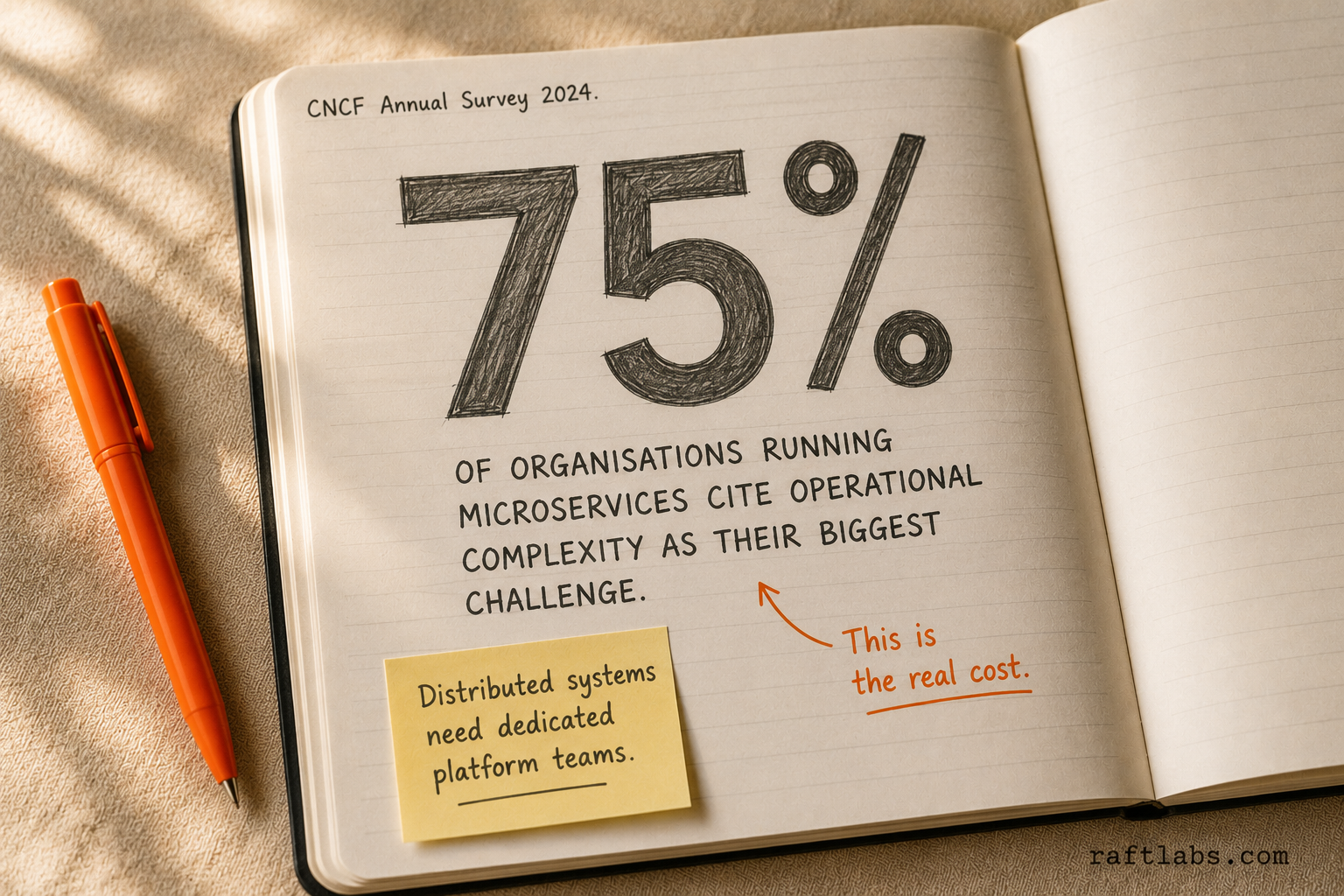 Stat callout notebook page showing 75% in large pencil numerals, sourced from the CNCF 2024 Annual Survey, with an orange ink annotation reading 'This is the real cost'