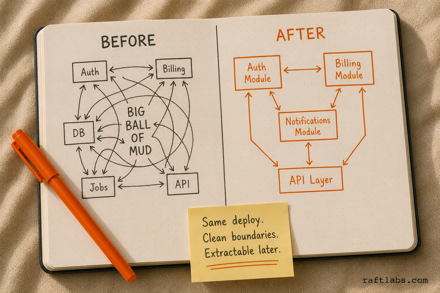 Before and after notebook sketch showing a tangled big ball of mud monolith on the left versus a clean modular monolith with defined Auth, Billing, Notifications, and API modules on the right