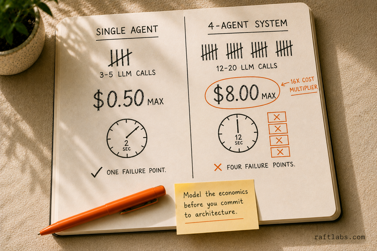 Before and after notebook comparison showing single agent at 3-5 LLM calls and $0.50 max versus a 4-agent system at 12-20 calls and $8.00 max per task