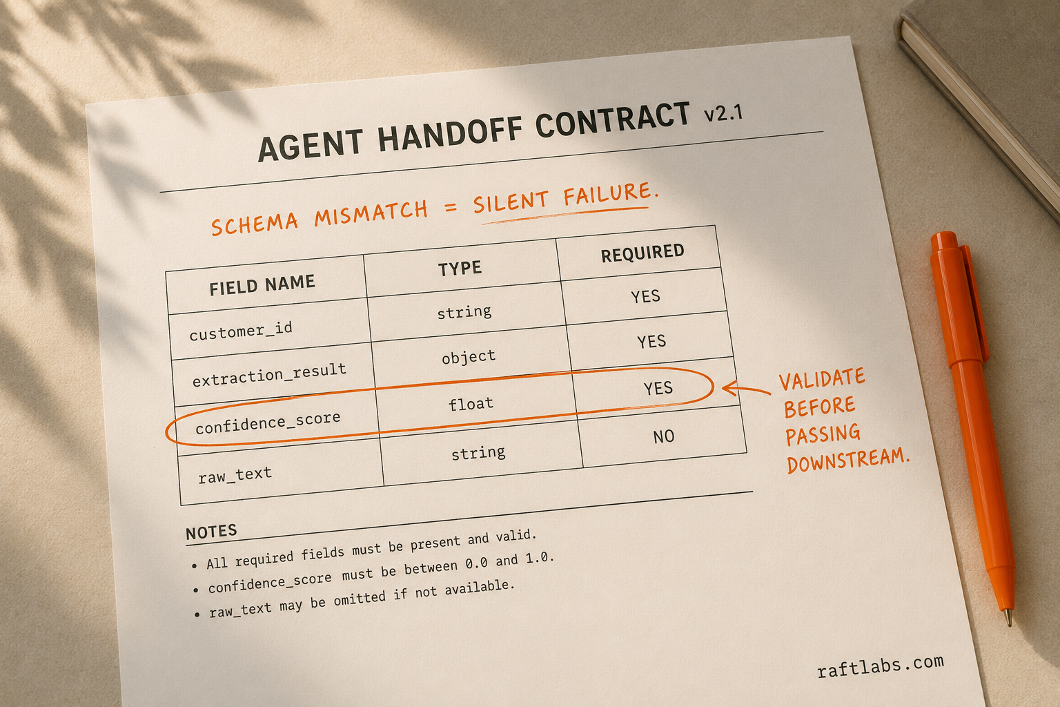 Printed agent handoff contract document with orange ink annotations marking required fields and schema validation notes