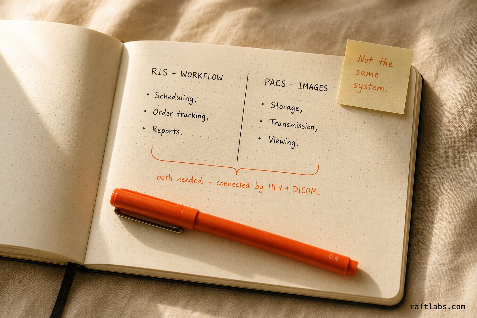 RIS versus PACS comparison hand-drawn in a notebook, showing workflow functions on the left and image storage functions on the right, connected by HL7 and DICOM