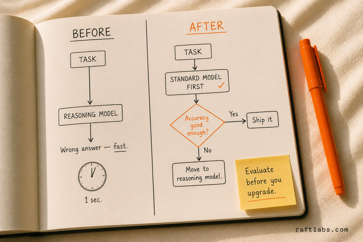 Before and after decision process: before shows going straight to a reasoning model; after shows evaluating a standard model first and only escalating to reasoning when accuracy falls short