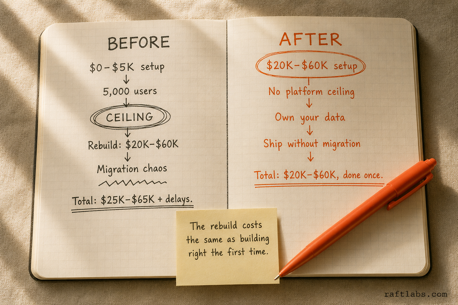 Two-path diagram: no-code rebuild costs versus custom-first SaaS build