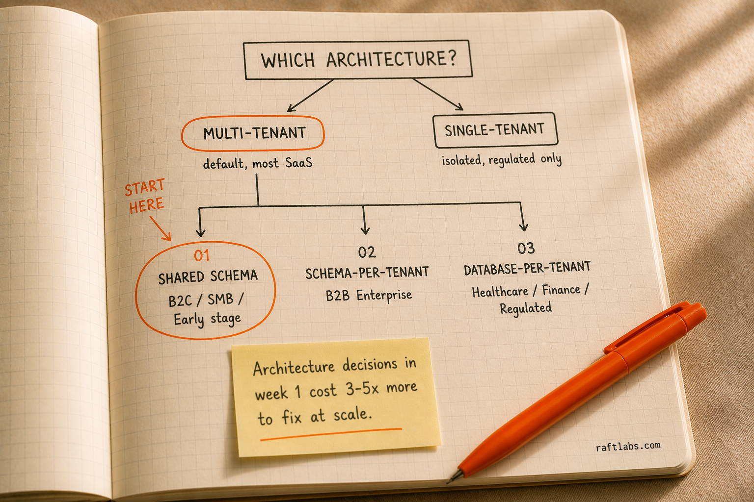 SaaS architecture decision tree: multi-tenant vs single-tenant with three data isolation models