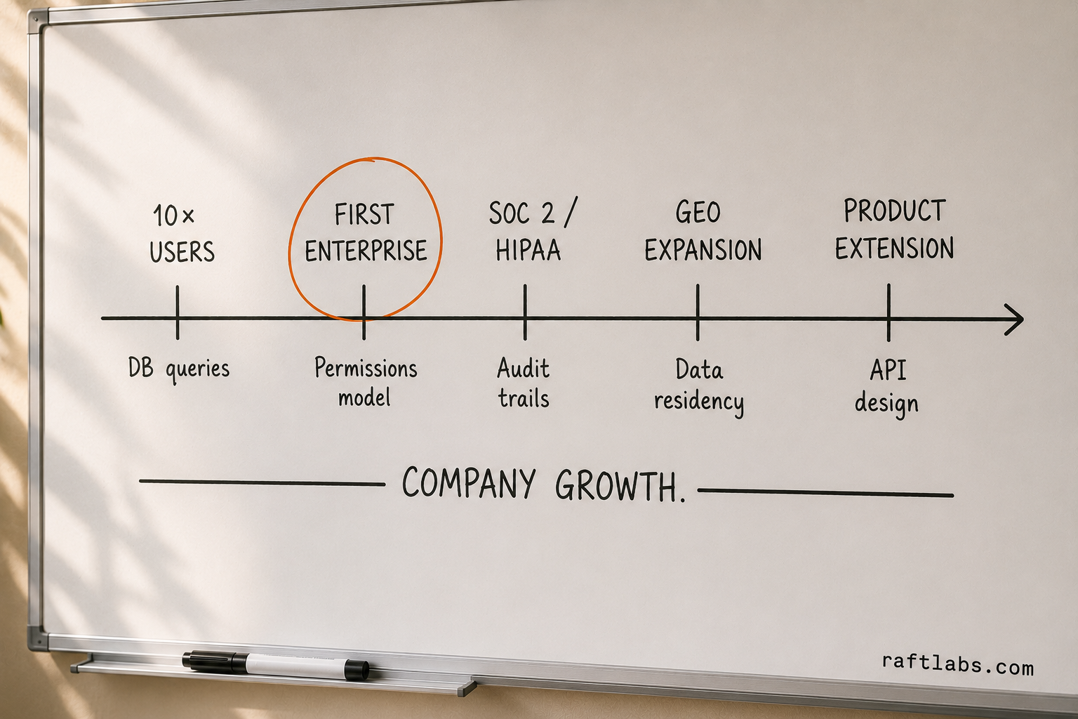 Whiteboard diagram mapping the five SaaS growth triggers - 10x users, first enterprise customer, compliance certification, geographic expansion, and product extension - along a timeline with what breaks at each point