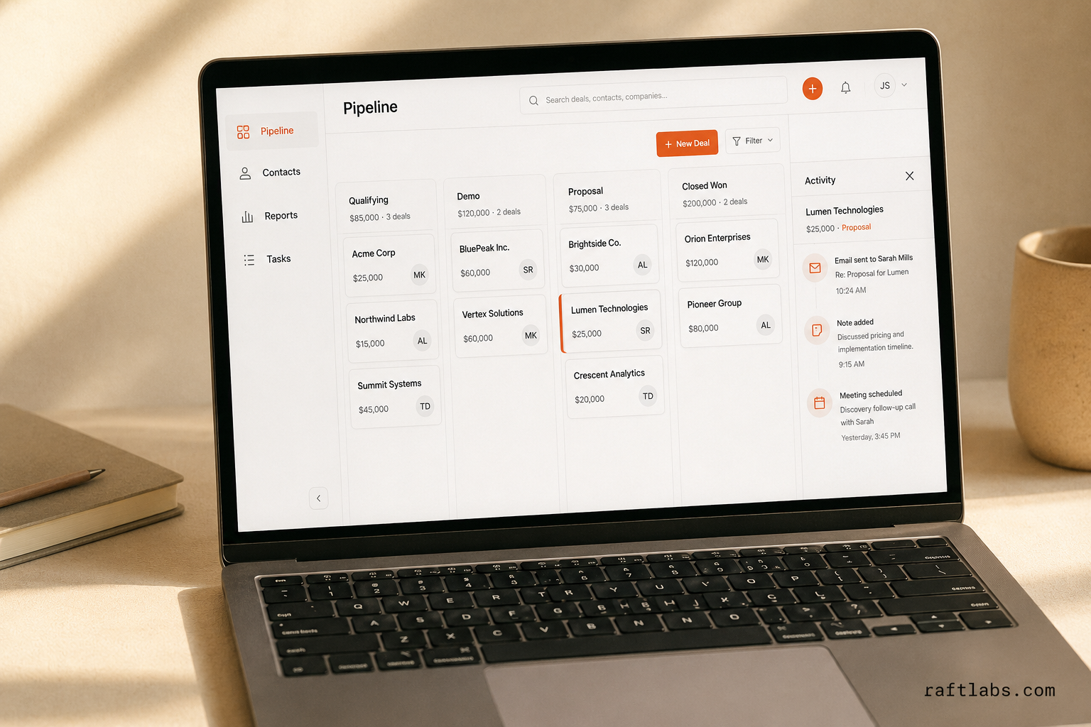 Custom CRM deal pipeline interface showing Kanban columns for Qualifying, Demo, Proposal, and Closed Won with deal cards and an activity log panel