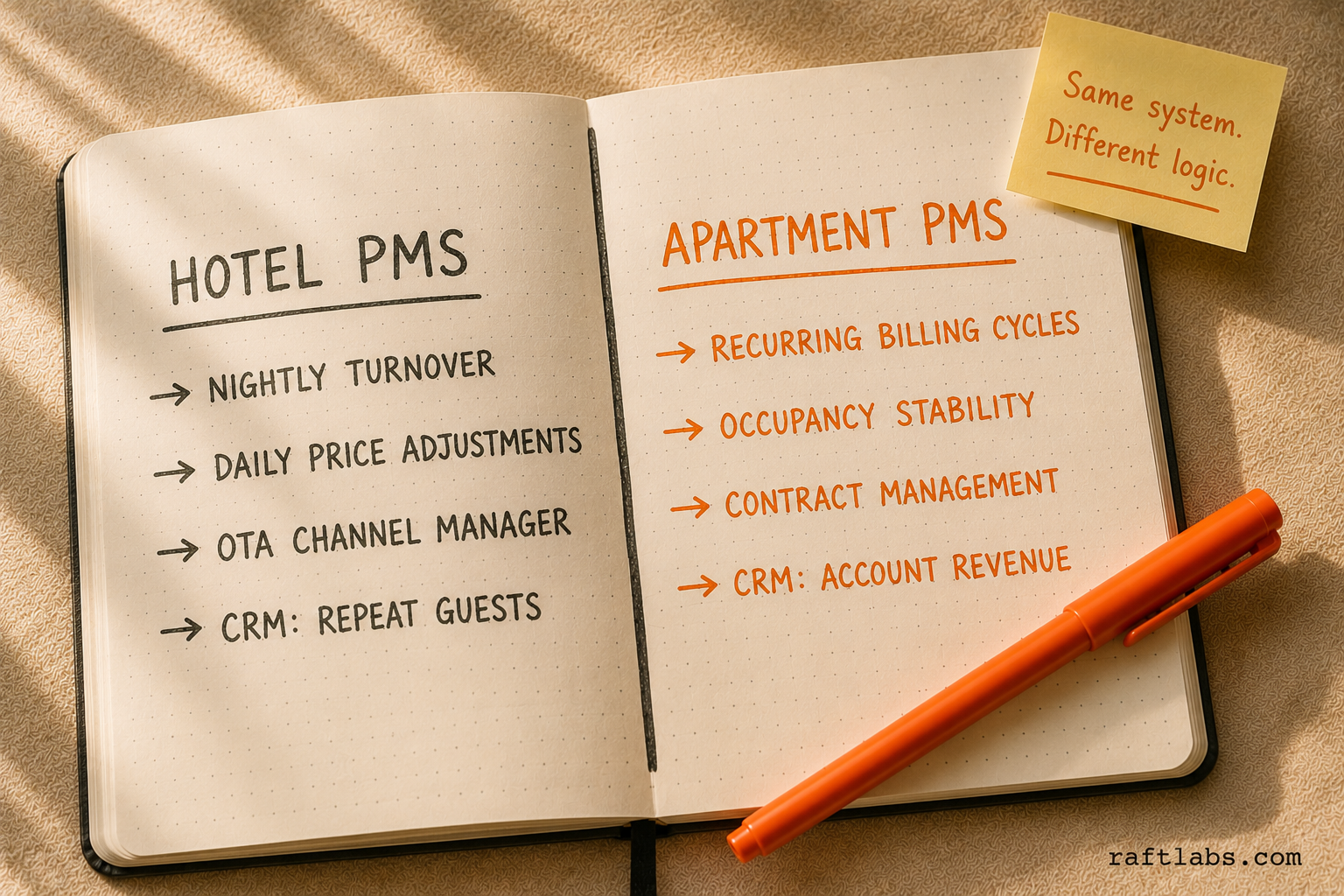 Hotel PMS logic versus apartment PMS logic shown as side-by-side notebook columns