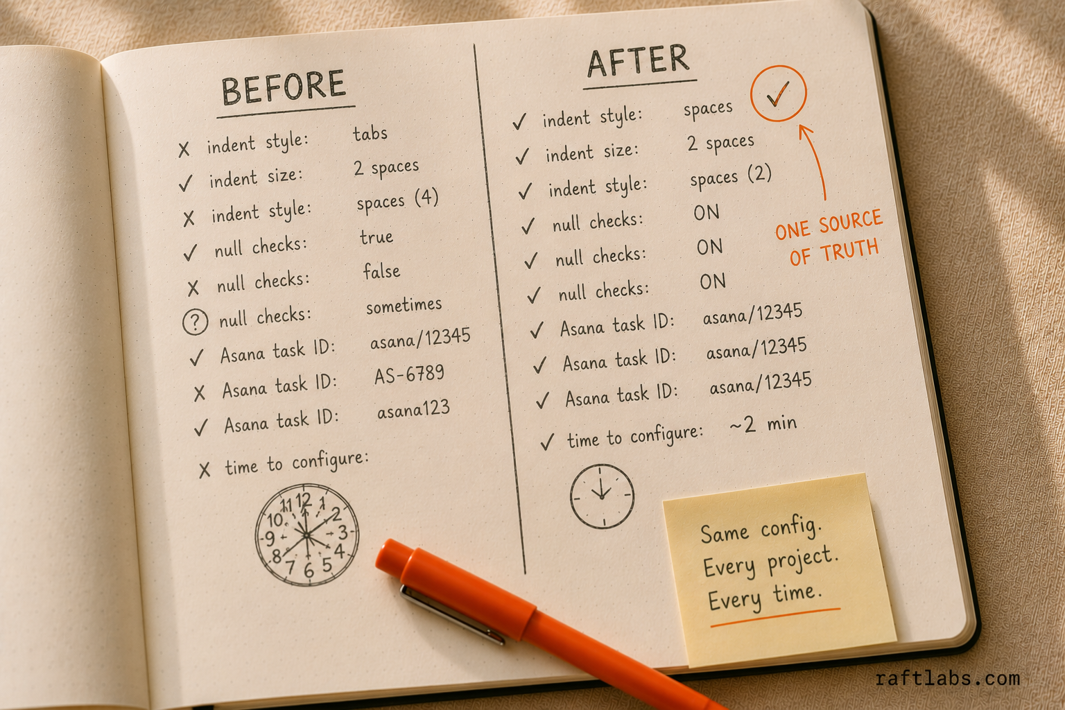 Before and after: inconsistent repo configurations versus a single standardized setup enforced by RaftStack CLI