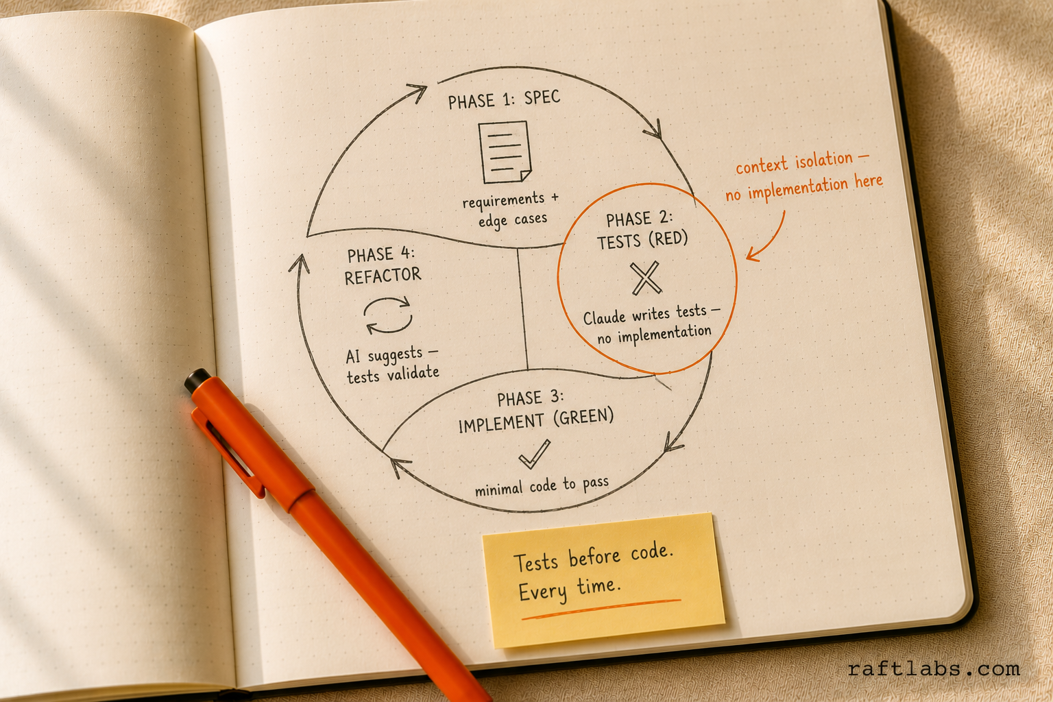 The four-phase AI TDD cycle: Specification, Tests (Red), Implementation (Green), Refactor - with context isolation at the test-writing phase