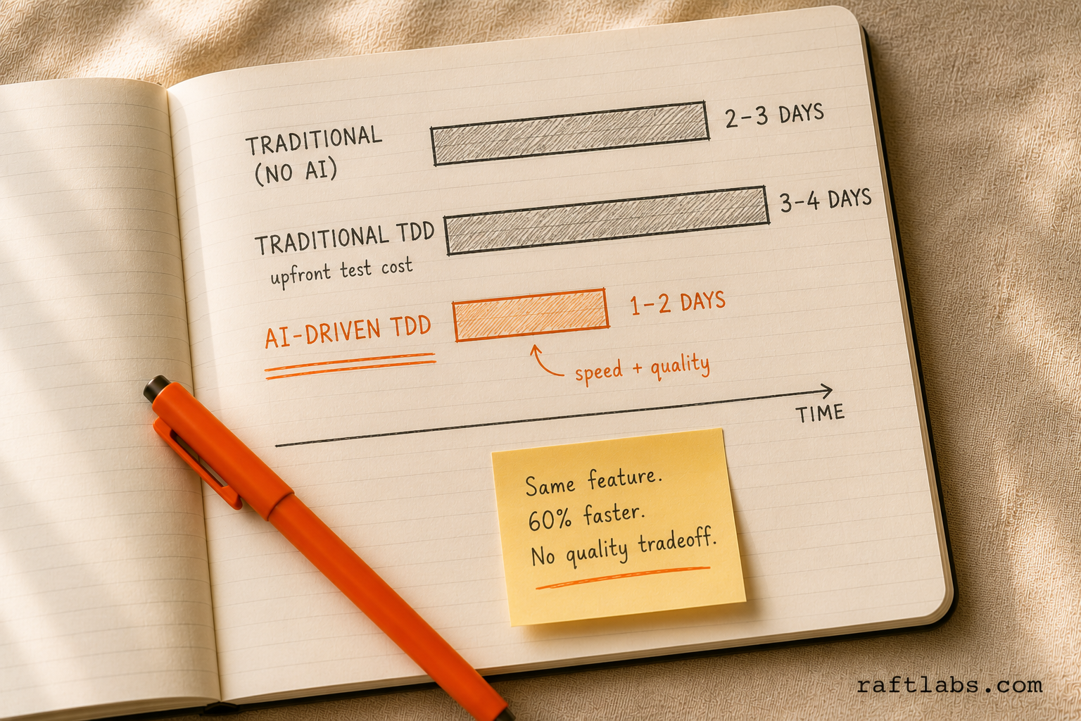 Timeline comparison of three development approaches: Traditional takes 2-3 days, Traditional TDD takes 3-4 days, AI-Driven TDD takes 1-2 days