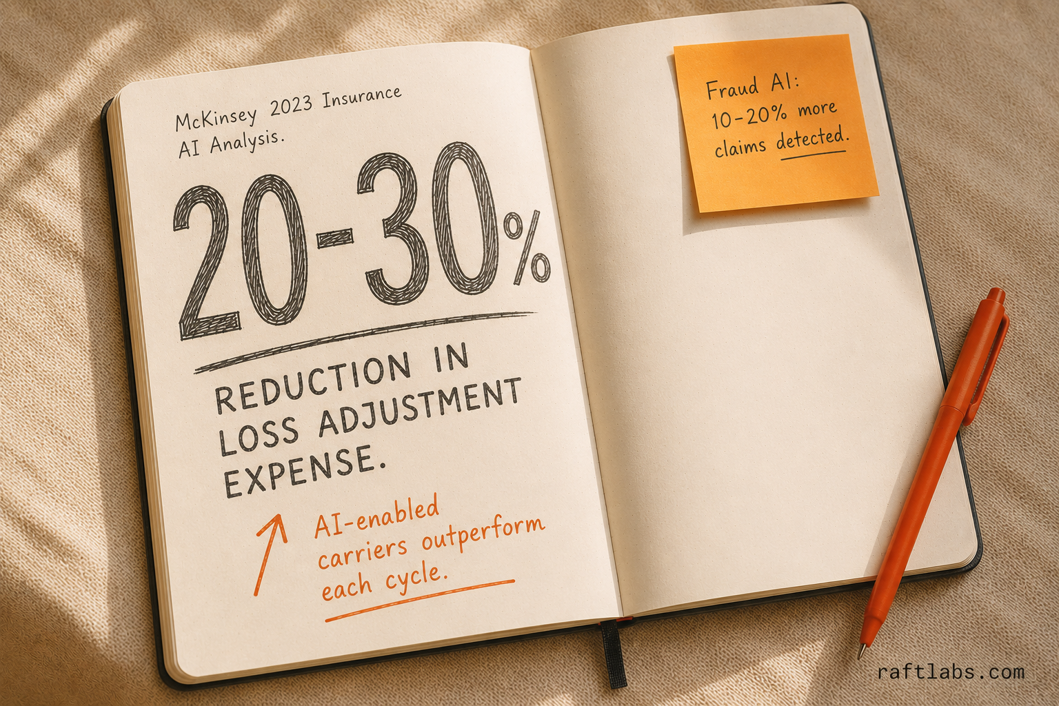 Stat callout notebook: 20-30% reduction in loss adjustment expense for AI-enabled insurance carriers, per McKinsey 2023
