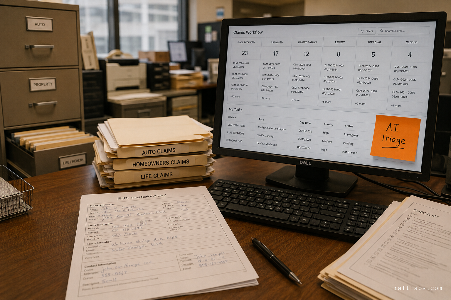 Insurance claims processing back-office: stacked claim folders, a workflow monitor, and a printed FNOL form on a wooden desk with orange AI Triage sticky note