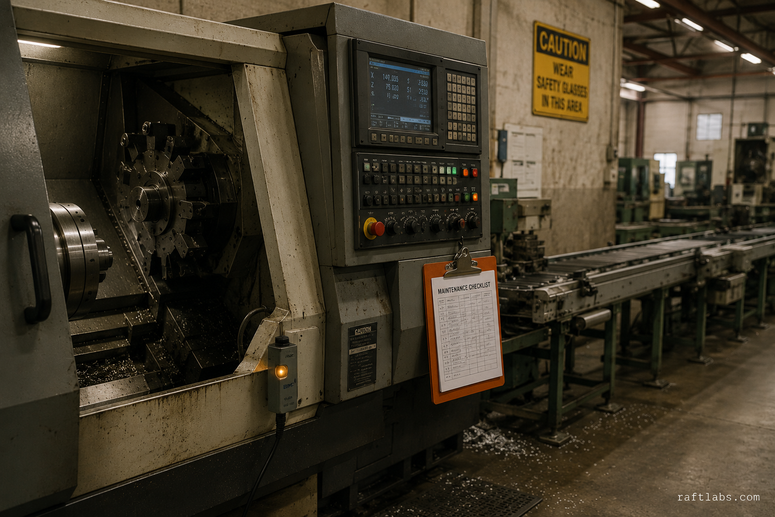 Manufacturing production floor with CNC lathe, industrial vibration sensor, and orange maintenance clipboard