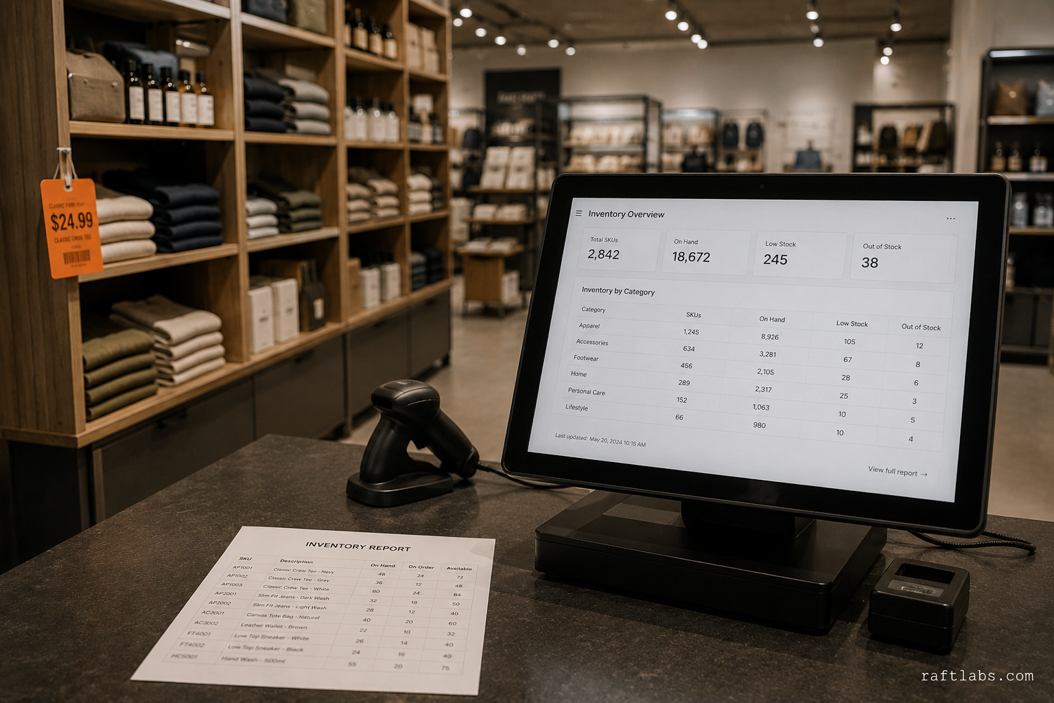 Mid-market retail store aisle with POS terminal and inventory dashboard - physical retail environment for AI development