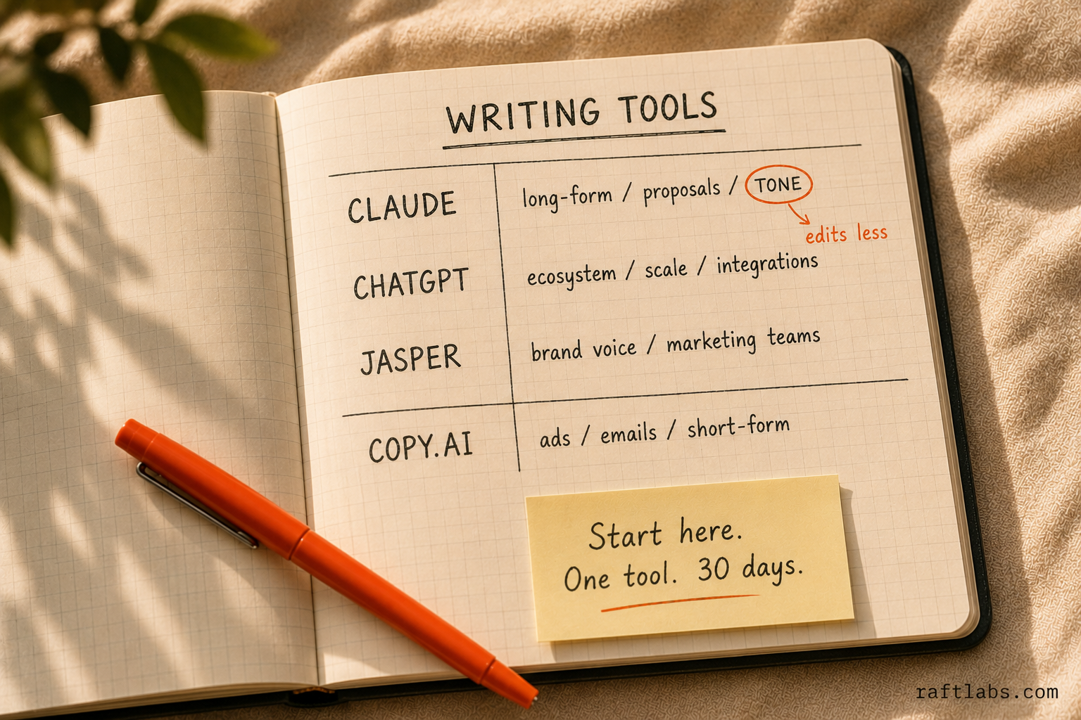 Hand-drawn notebook comparison of writing AI tools - Claude, ChatGPT, Jasper, and Copy.ai organized by best use case