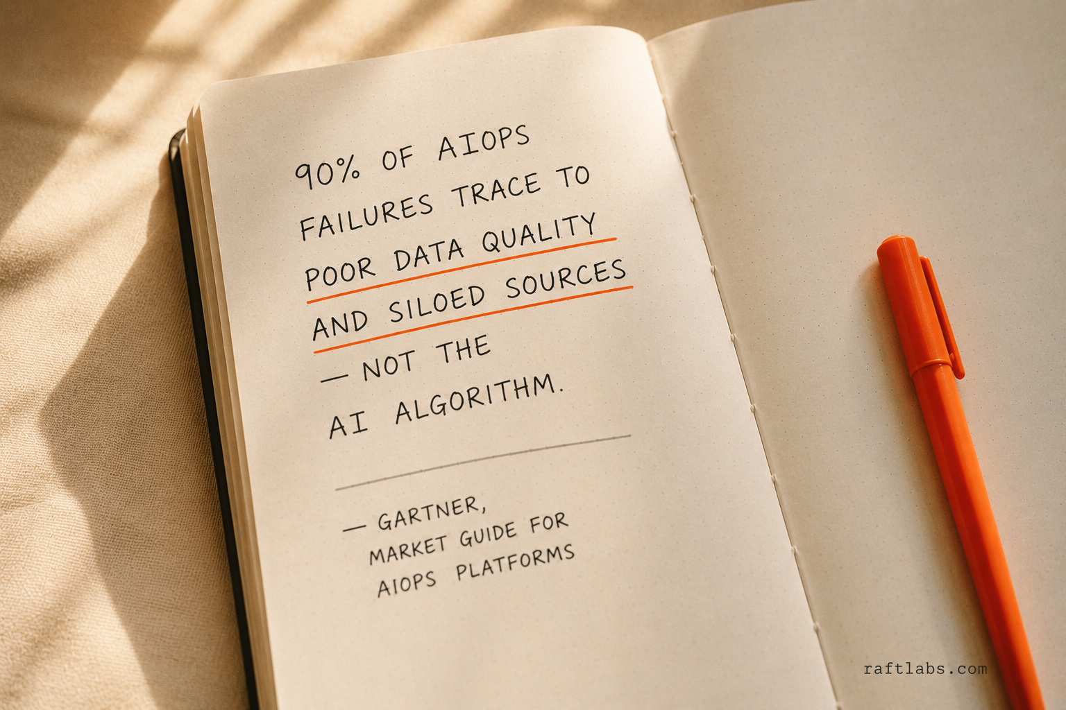 Handwritten notebook rendering of the Gartner finding that 90% of AIOps failures are caused by poor data quality and siloed sources, not the AI algorithm