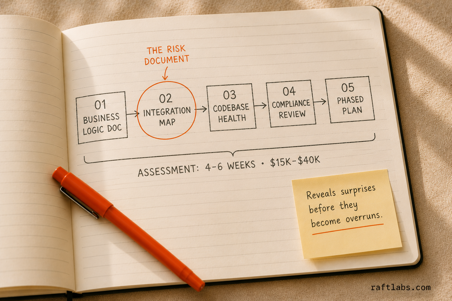 Hand-drawn diagram of the five phases of a modernization assessment: business logic documentation, integration map, codebase health, compliance review, and phased plan - spanning 4-6 weeks