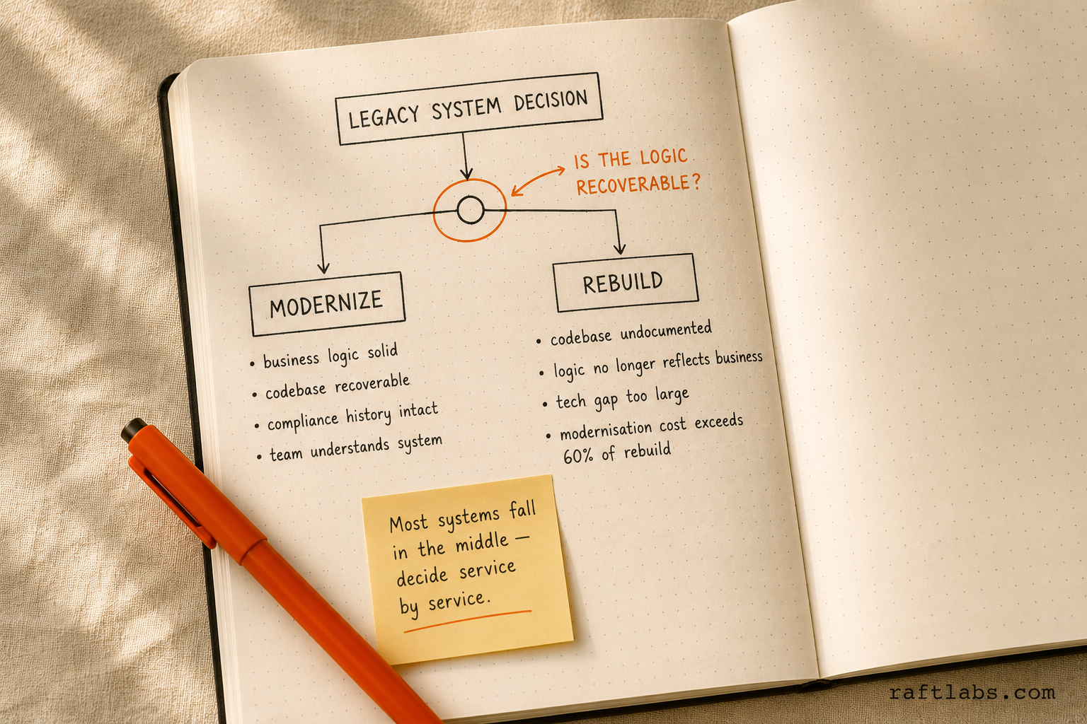 Hand-drawn decision tree for choosing between application modernization and a full rebuild