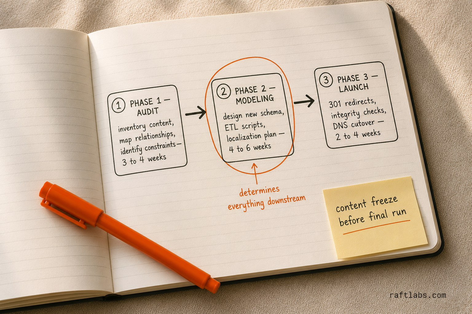 Three-phase headless CMS migration roadmap: Audit, Modeling, and Launch with timing estimates