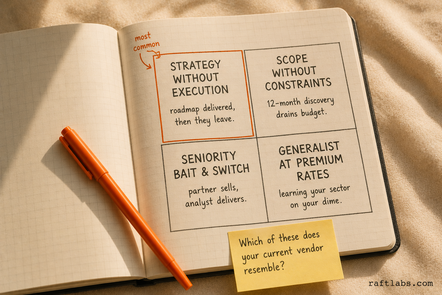 Four IT consulting engagement failure modes mapped in a hand-drawn 2x2 diagnostic grid