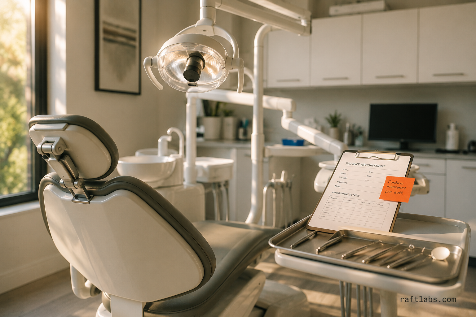 A modern dental treatment room with a reclined dental chair, articulated overhead examination lamp, and an instrument tray holding a mirror, probe, and scaler - the physical environment dental patient apps are built to serve
