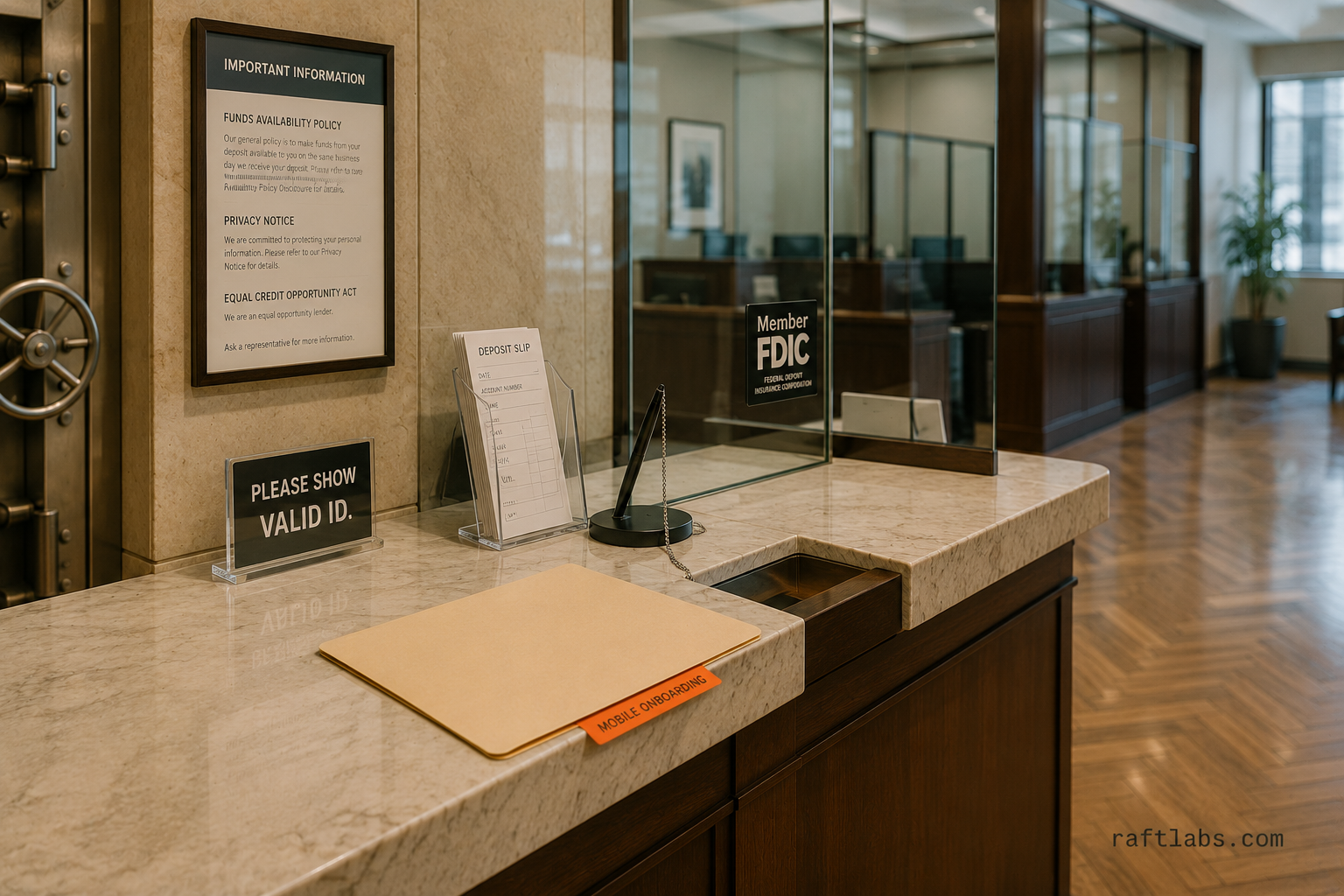 Interior of a modern bank branch showing a marble service counter with security glass, compliance notice board, and private consultation cubicles - the regulated physical environment that financial services mobile apps are built to extend