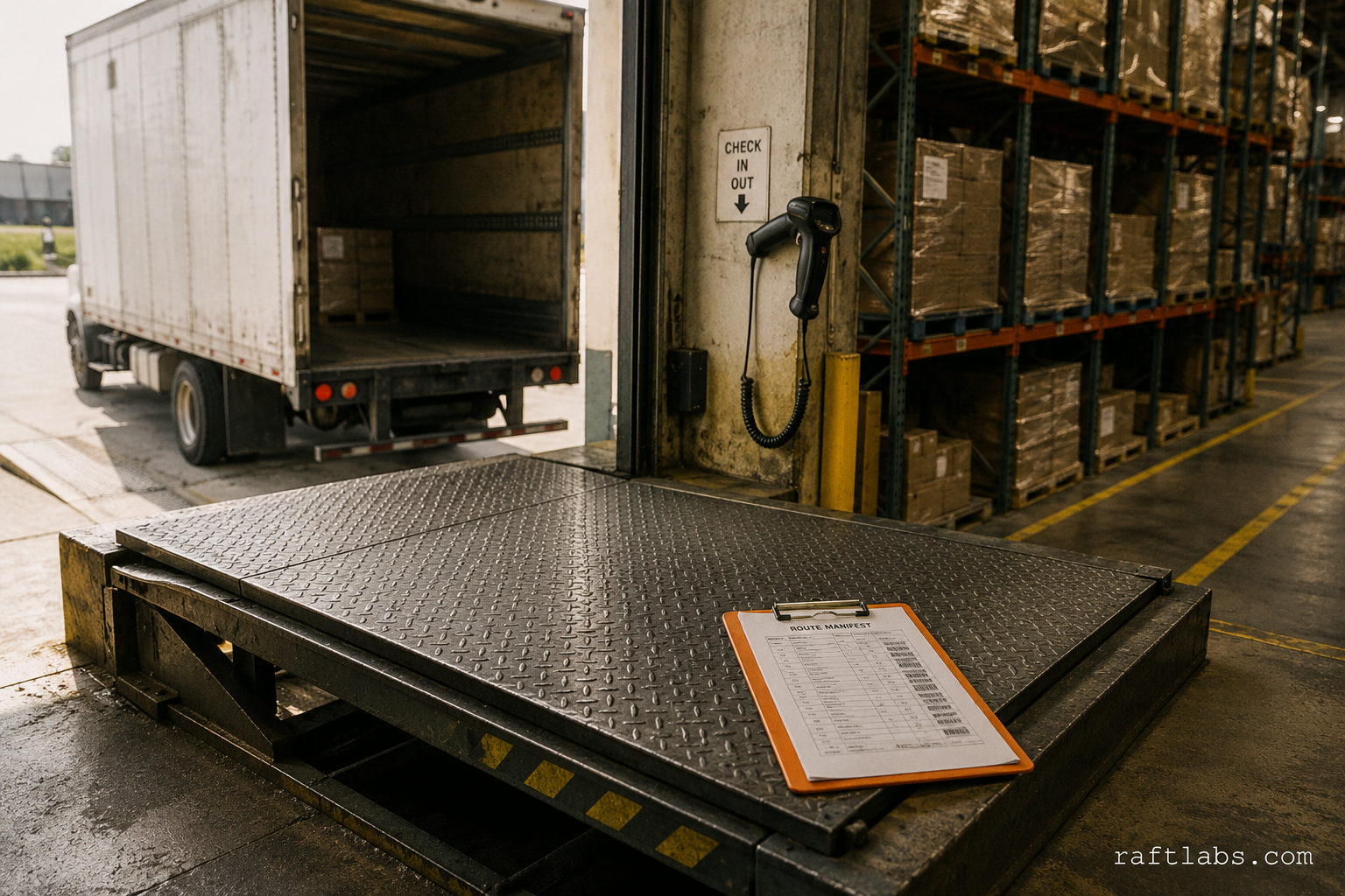 Commercial freight loading dock with a box truck backed into the bay, palletized cargo on shelving, and an orange route manifest on the dock edge