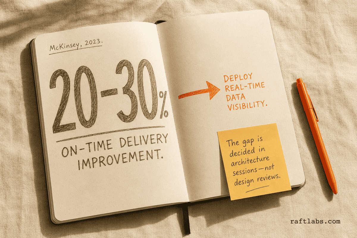Notebook stat callout showing 20-30% on-time delivery improvement from McKinsey 2023 analysis of real-time data visibility in transportation