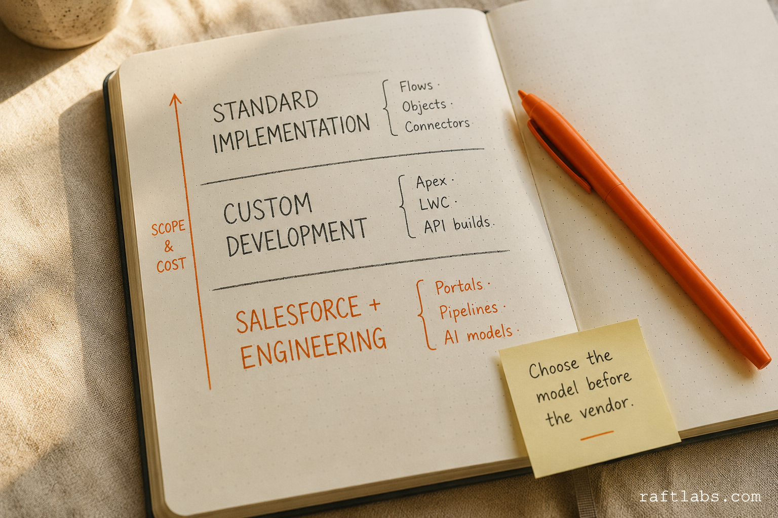 Three-tier Salesforce buying decision framework sketched in a notebook - standard implementation, custom development, and Salesforce plus engineering - with the engineering tier marked in orange as the highest scope