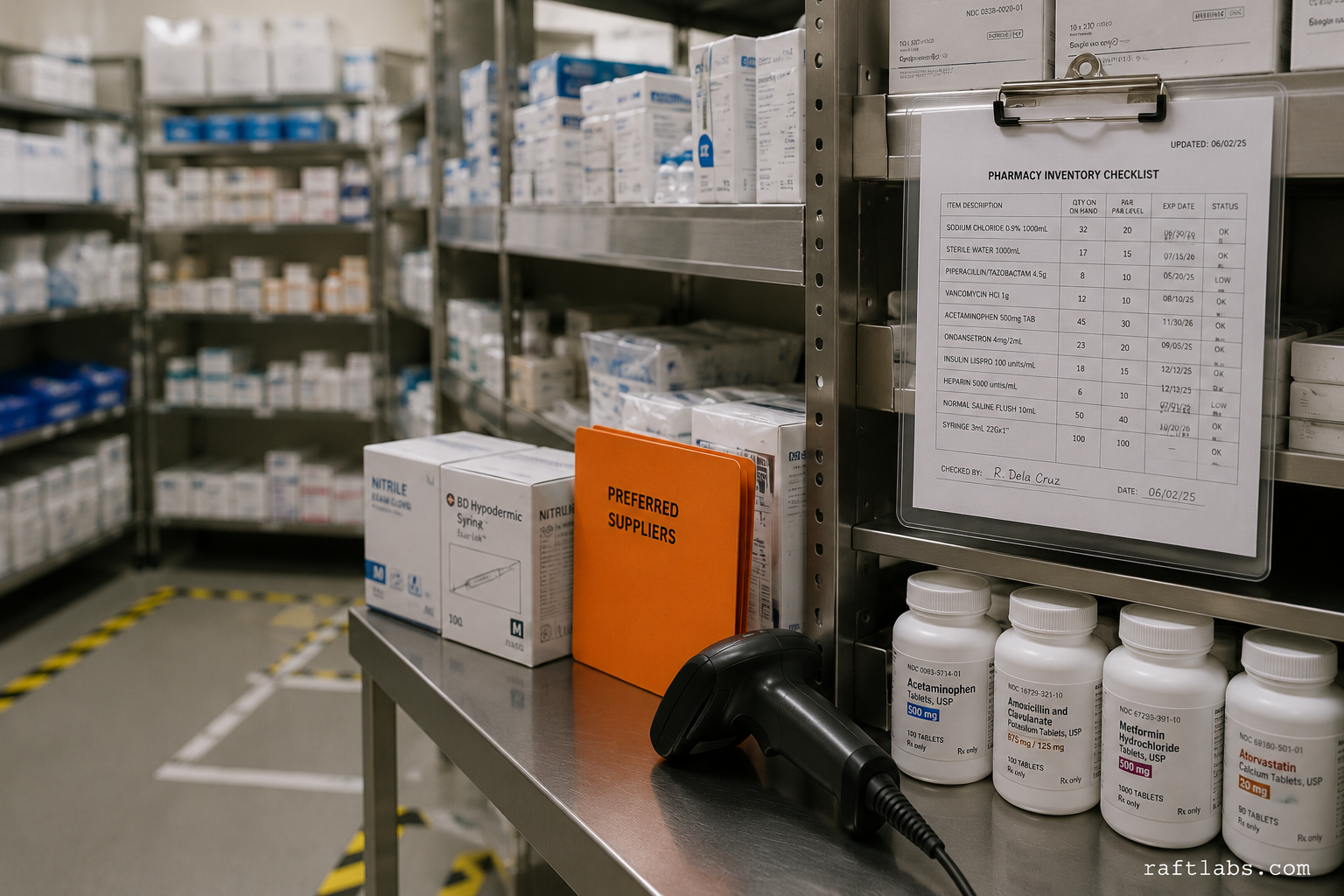 A hospital pharmacy storeroom with organized medical supply shelves, prescription bottles, and a barcode scanner - one orange folder the only warm accent among grey and white packaging