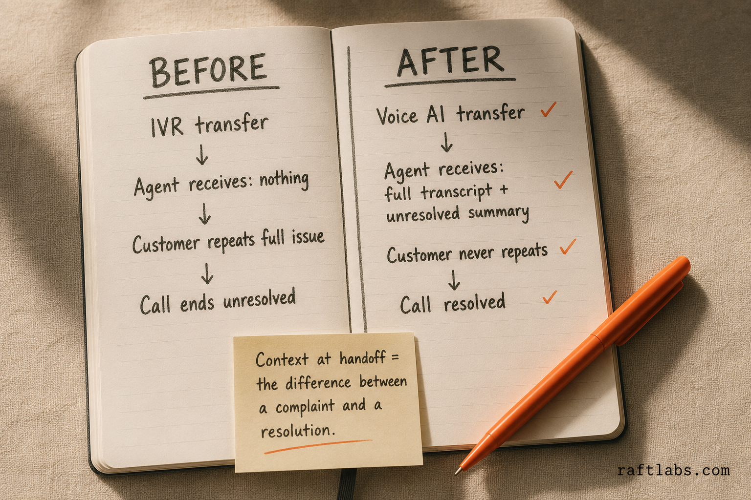 IVR blind transfer versus voice AI handoff with full transcript context