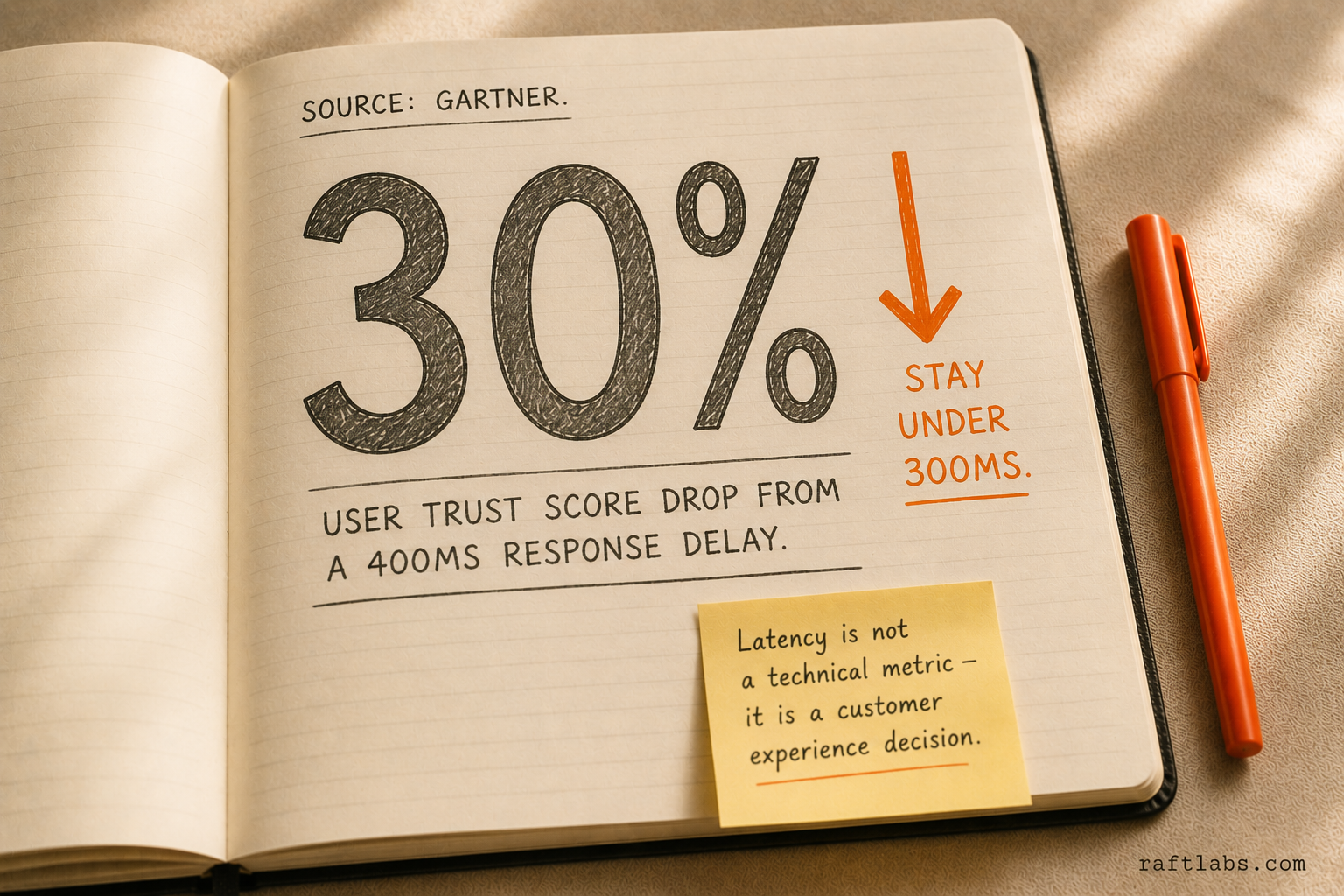 Gartner stat showing 400ms response latency drops voice AI user trust scores by 30 percent