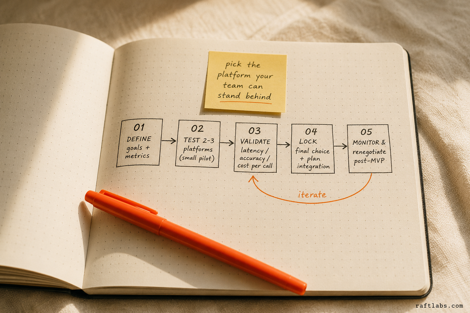 Five-step roadmap for selecting a Voice AI platform: Define, Test, Validate, Lock, Monitor