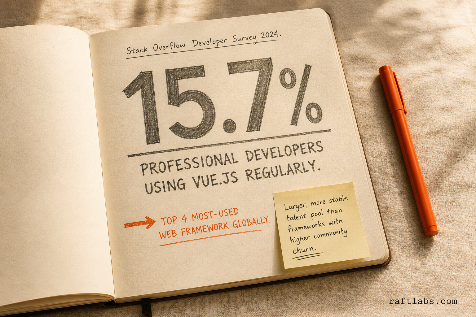 15.7% of professional developers use Vue.js regularly - Stack Overflow Developer Survey 2024, ranking Vue.js in the top four most-used web frameworks globally