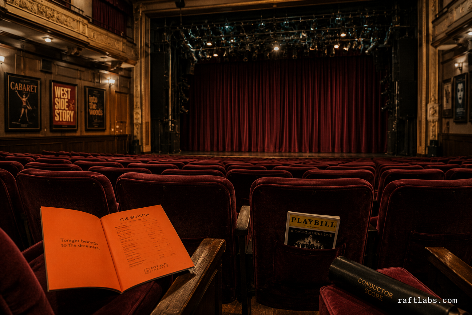 Interior of a mid-size performing arts theater: velvet seating rows, proscenium stage with burgundy curtains, tungsten rigging above, and an open orange printed program resting on a foreground seat