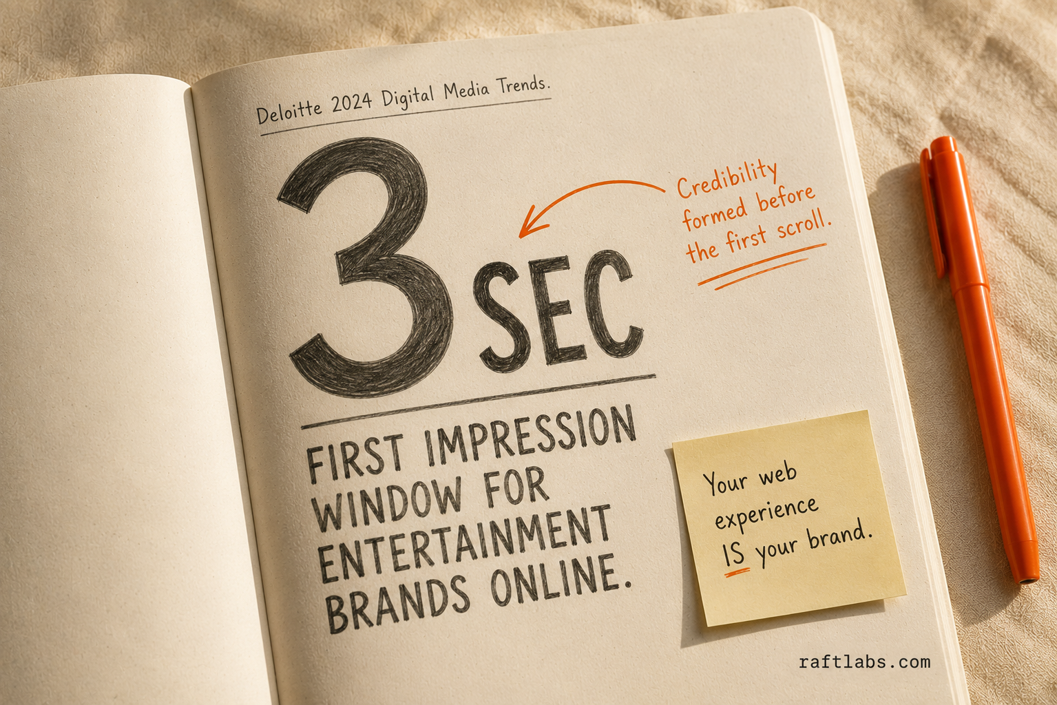 Notebook stat callout: "3 SEC" in bold pencil - the mobile load window before visitors abandon an entertainment brand's website