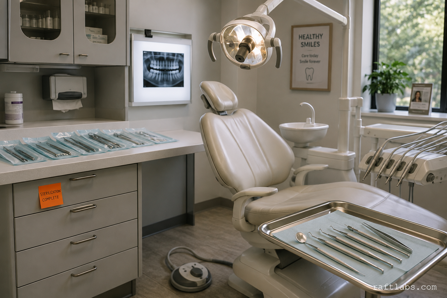 A modern dental operatory showing a reclined dental chair, articulated overhead surgical lamp, and a stainless steel instrument tray - the physical environment that dental websites must serve