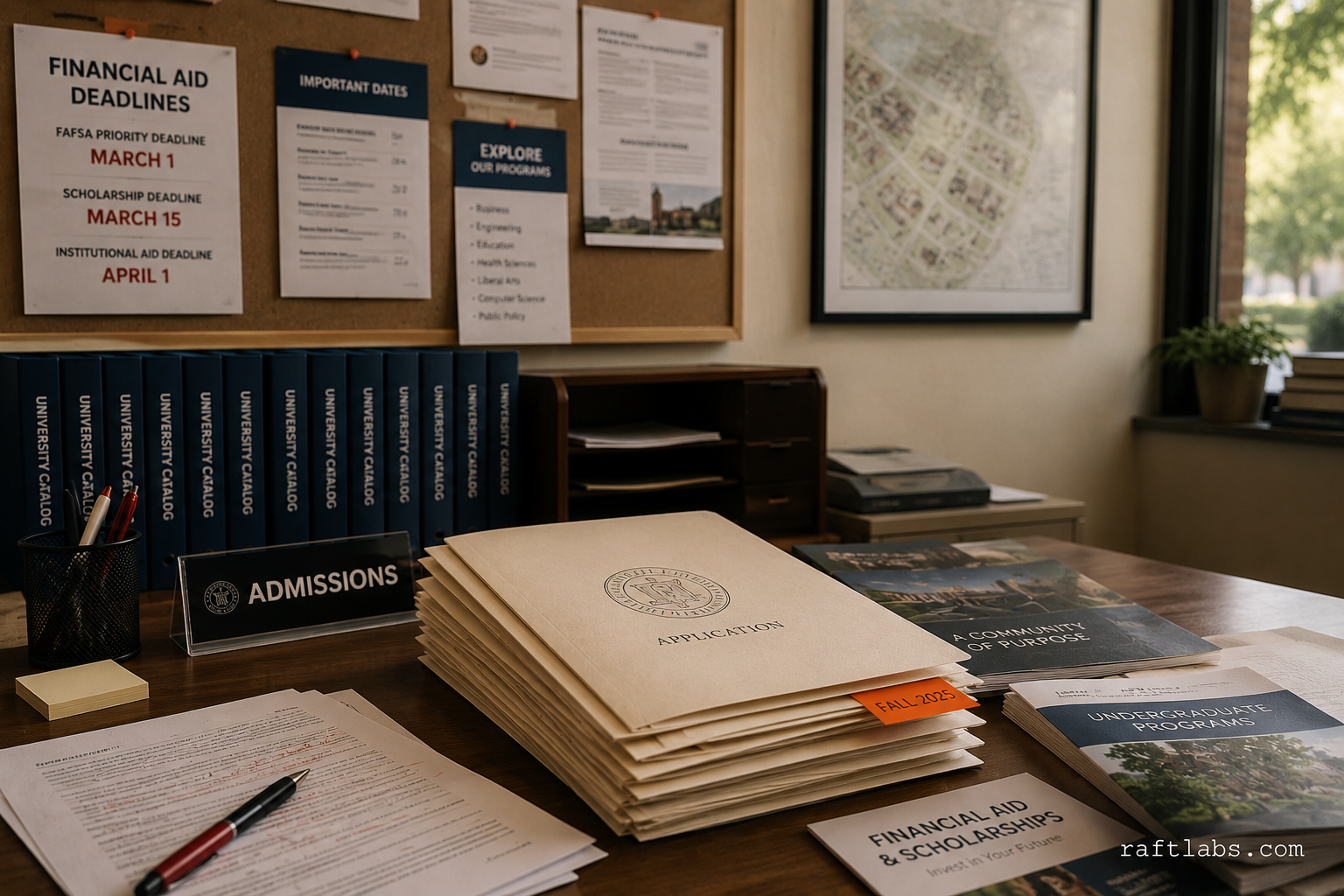 University admissions office with stacked application folders, enrollment brochures, and a bulletin board of program deadlines - the real environment education web design serves