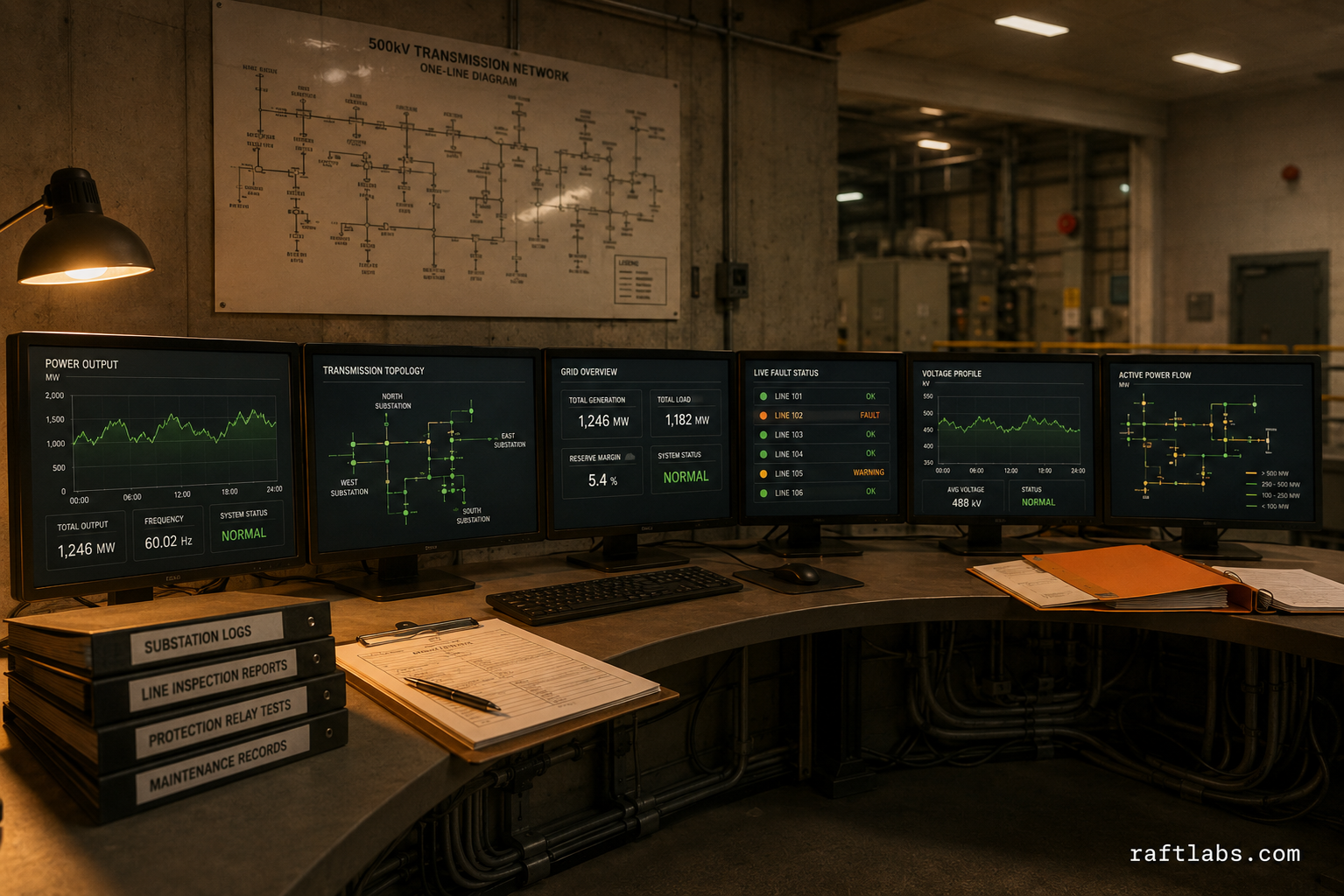 Industrial energy control room with monitoring dashboards, transmission grid diagrams, and operational consoles - representing the operational credibility energy companies must convey on their websites