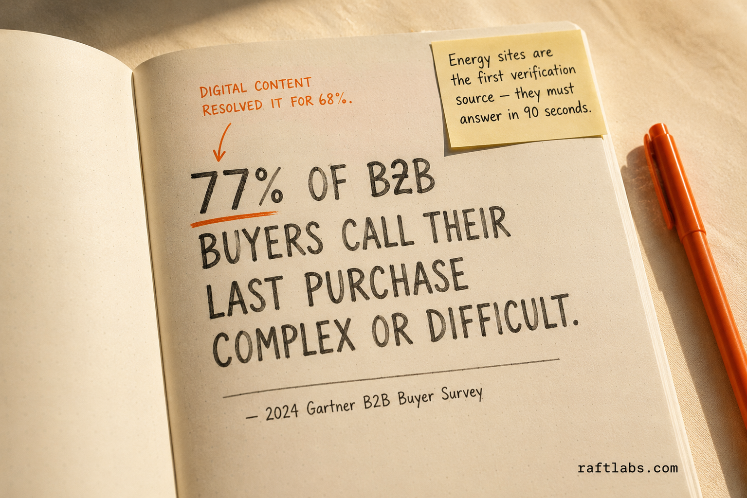 Notebook callout showing the 2024 Gartner stat that 77% of B2B buyers describe their last purchase as complex or difficult, with digital content resolving it for 68% - underscoring why energy company websites must serve decision-makers clearly
