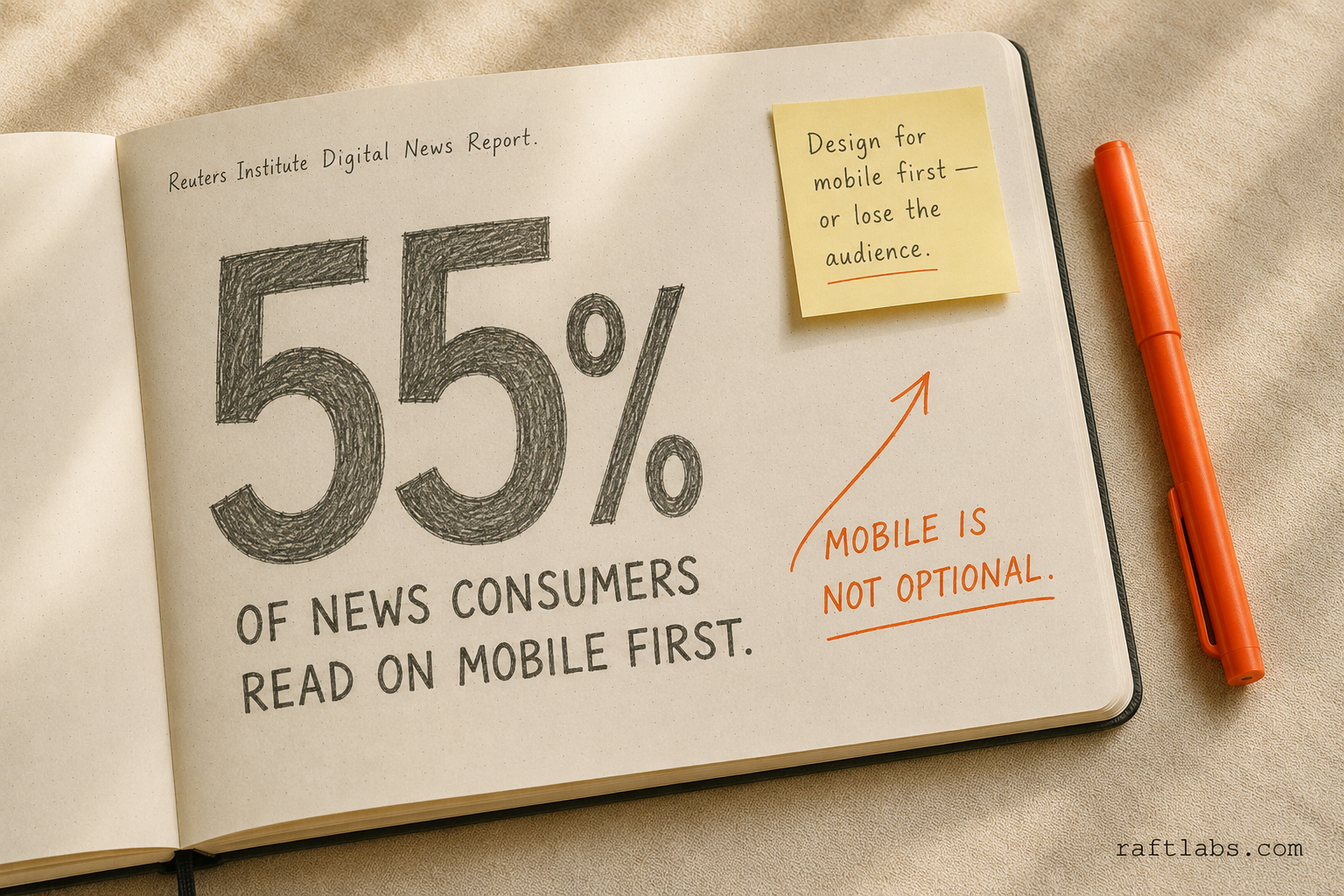 Notebook stat callout showing 55 percent of news consumers access editorial content on mobile first, sourced from the Reuters Institute Digital News Report