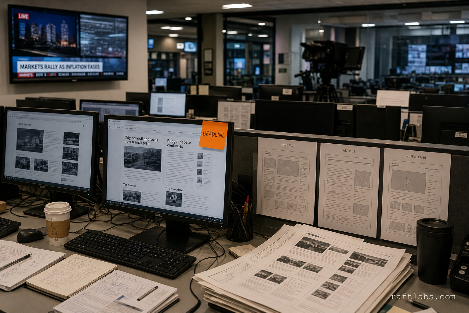 A mid-size editorial newsroom with reporters' desks, monitors displaying news article layouts, and an orange sticky note reading DEADLINE on the nearest screen