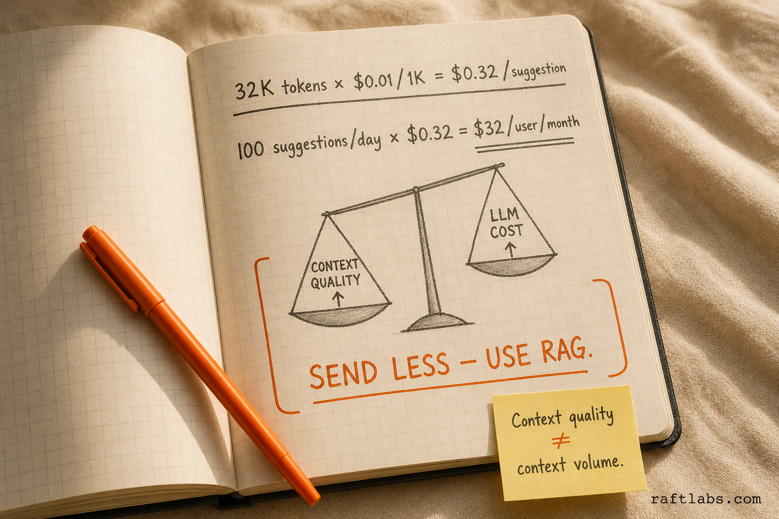 Context pipeline token budget calculation: 32K tokens at $0.01 per 1K costs $0.32 per suggestion - $32 per user per month. Use RAG to send minimum context needed.