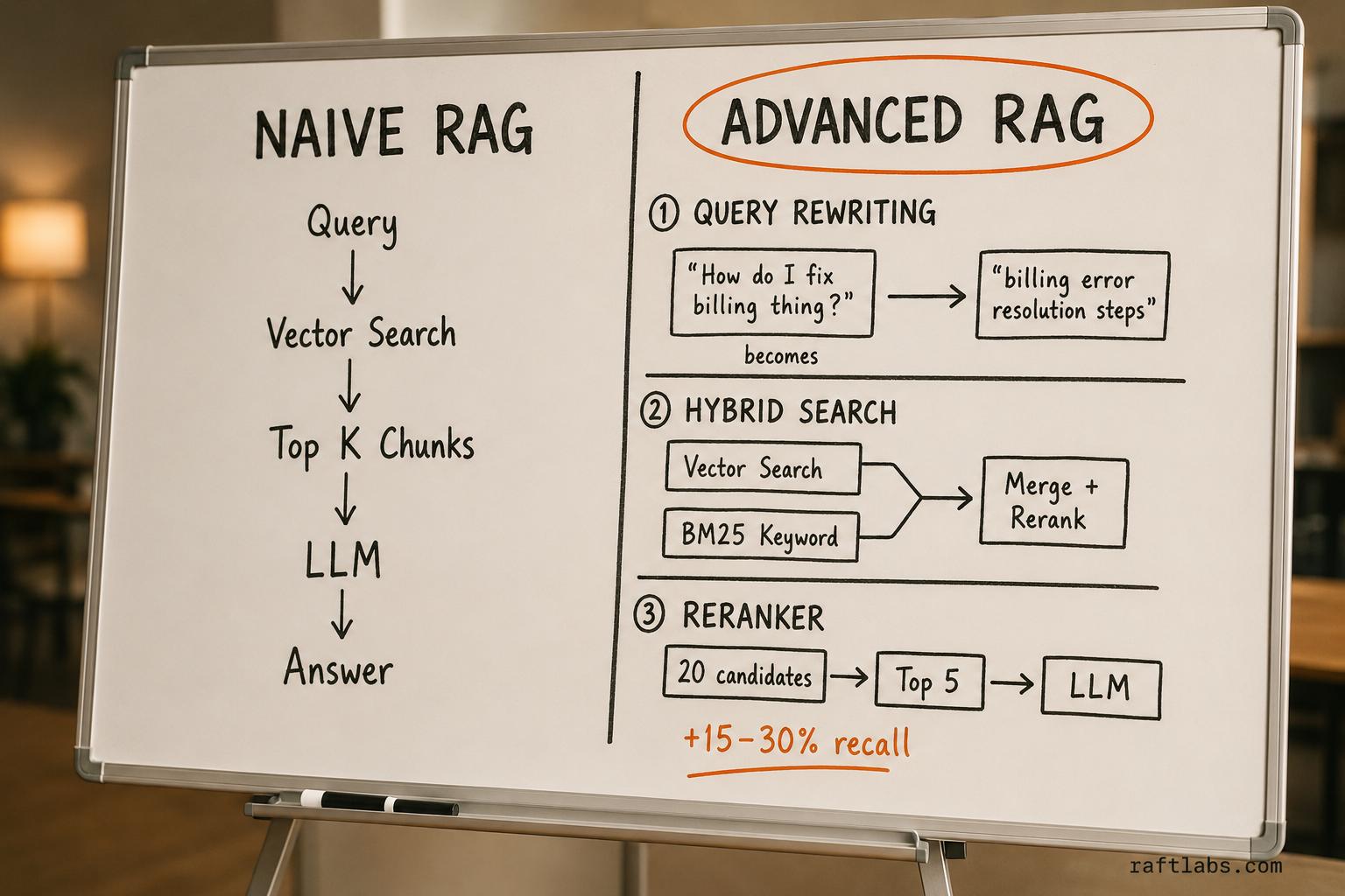 Naive RAG versus advanced RAG: query rewriting, hybrid search, and reranking layers that make production systems accurate
