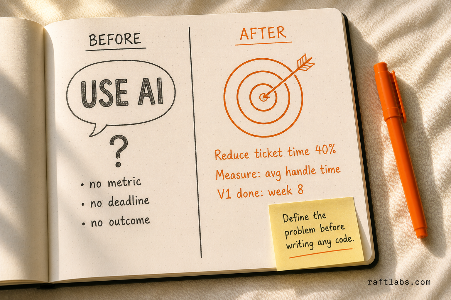 Before: vague "use AI" mandate with no metric or outcome. After: specific goal - reduce ticket resolution time 40%, measured by average handle time, V1 by week 8.